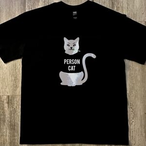 Black "Person Cat" Smoking with Mustache Meta Graphic Tee, Cotton, Unisex Large